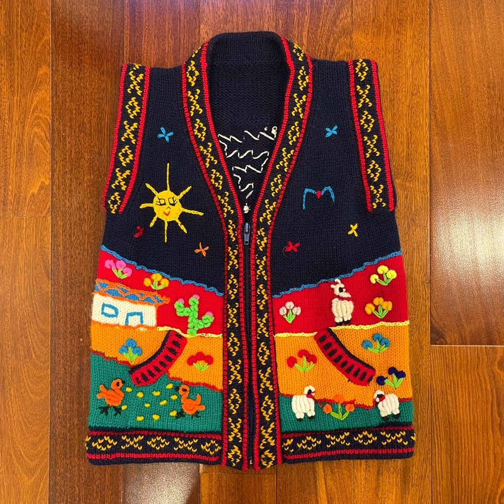 Vintage Kids Sweater Vest Whimsical Lambs, Flowers, Ducks, Sun, Cloud Size 4 / 5